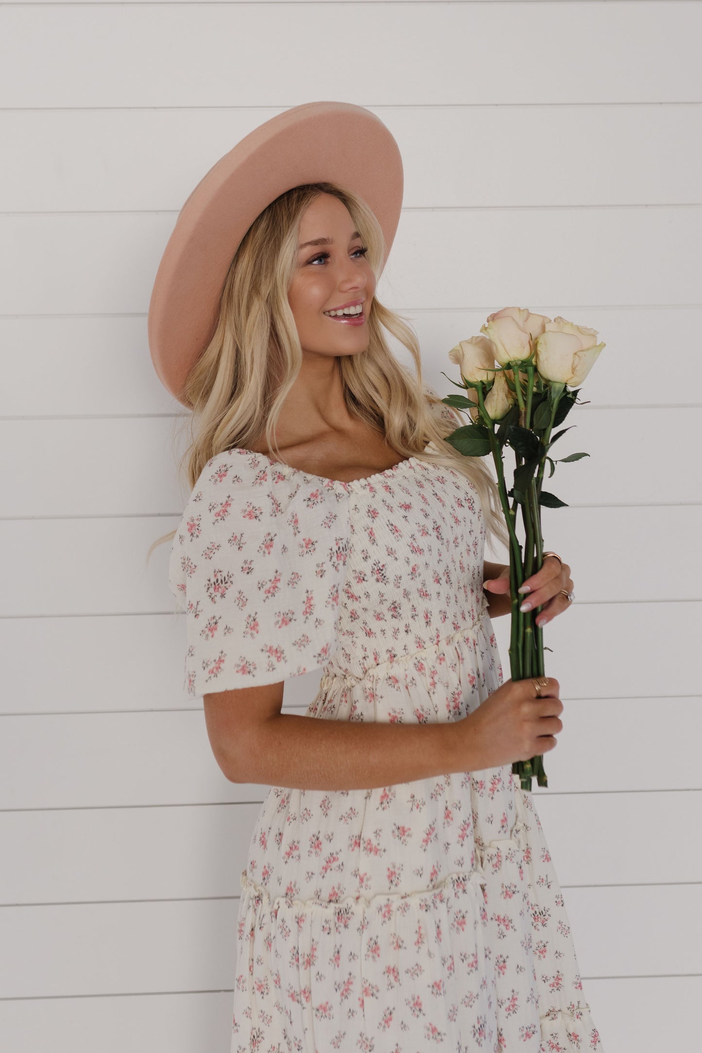 THE ADELAIDE FLORAL MIDI PUFF SLEEVE DRESS IN PINK