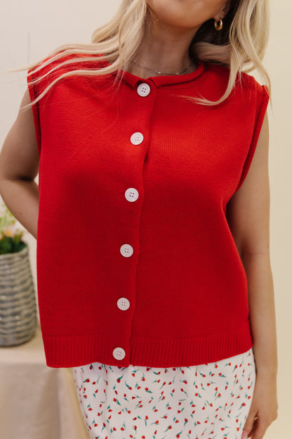 THE CARLEEN SWEATER BUTTON UP VEST IN CHERRY