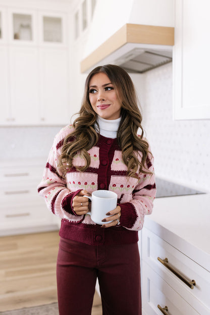 THE FLORENCE FLOWER STRIPED CROCHET CARDIGAN IN BLUSH