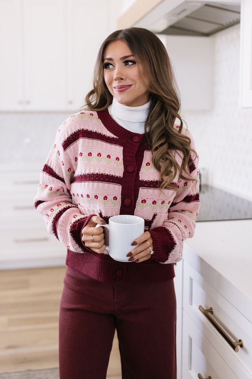 THE FLORENCE FLOWER STRIPED CROCHET CARDIGAN IN BLUSH