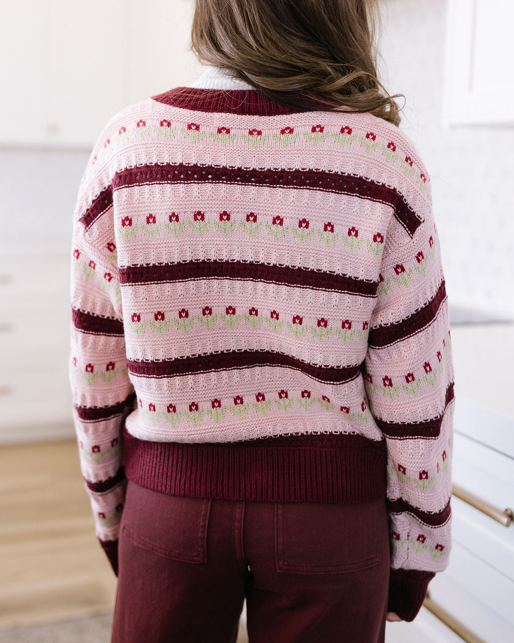 THE FLORENCE FLOWER STRIPED CROCHET CARDIGAN IN BLUSH