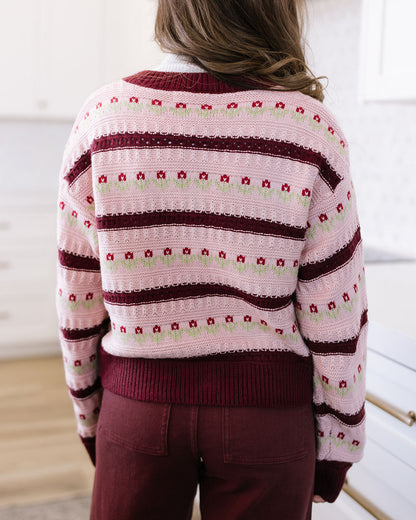 THE FLORENCE FLOWER STRIPED CROCHET CARDIGAN IN BLUSH