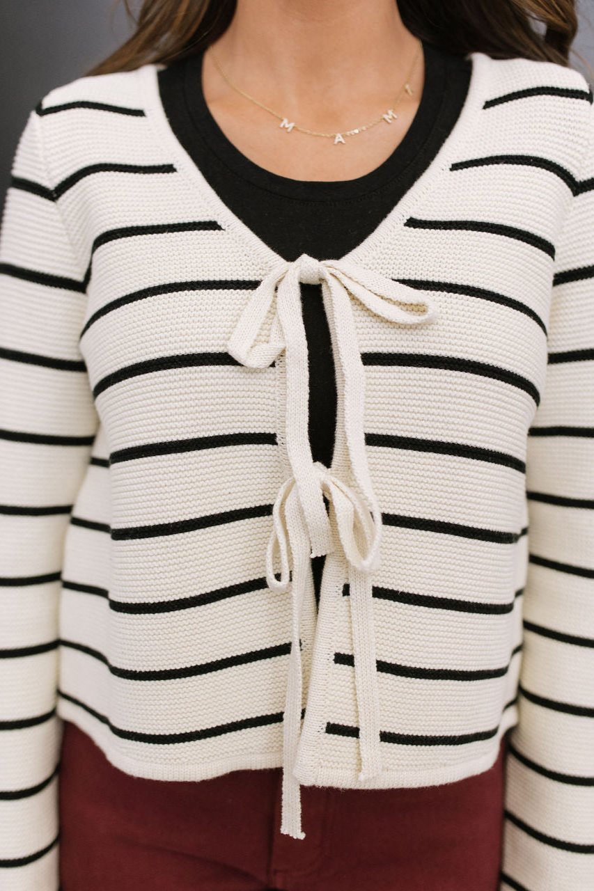 THE KARTER TIE FRONT KNIT CARDIGAN IN BLACK AND WHITE STRIPE