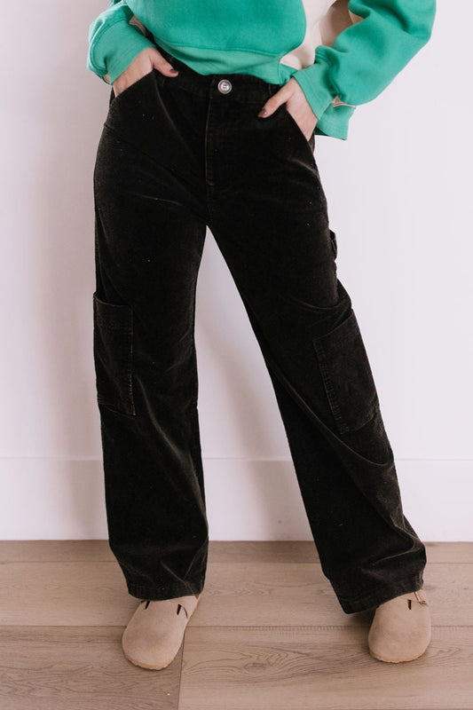 THE WANETA WASHED WIDE LEG CORDUROY CARGO PANTS IN BLACK