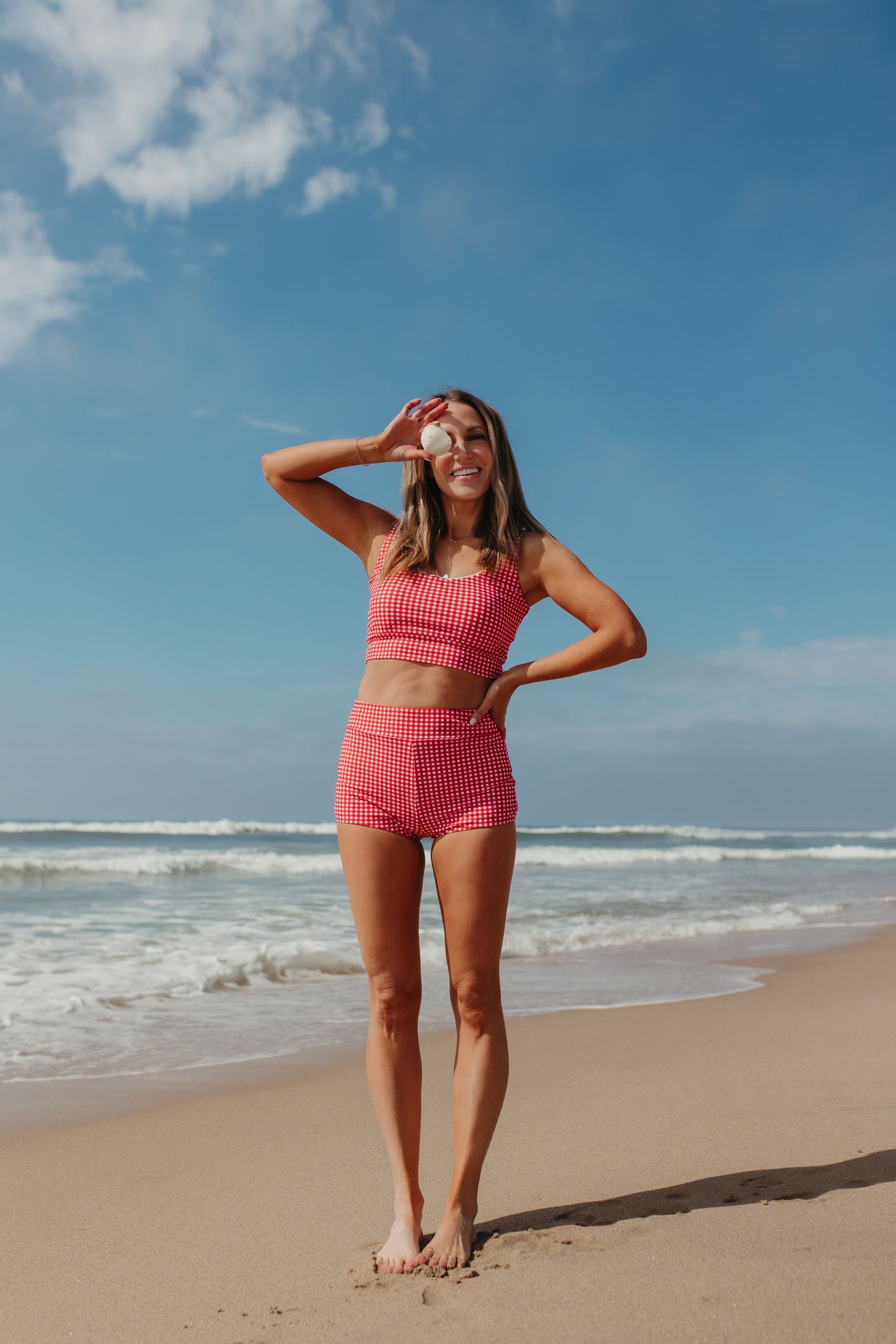 BEACHCOMBER SPORTY SWIM TOP IN RED GINGHAM BY PINK DESERT