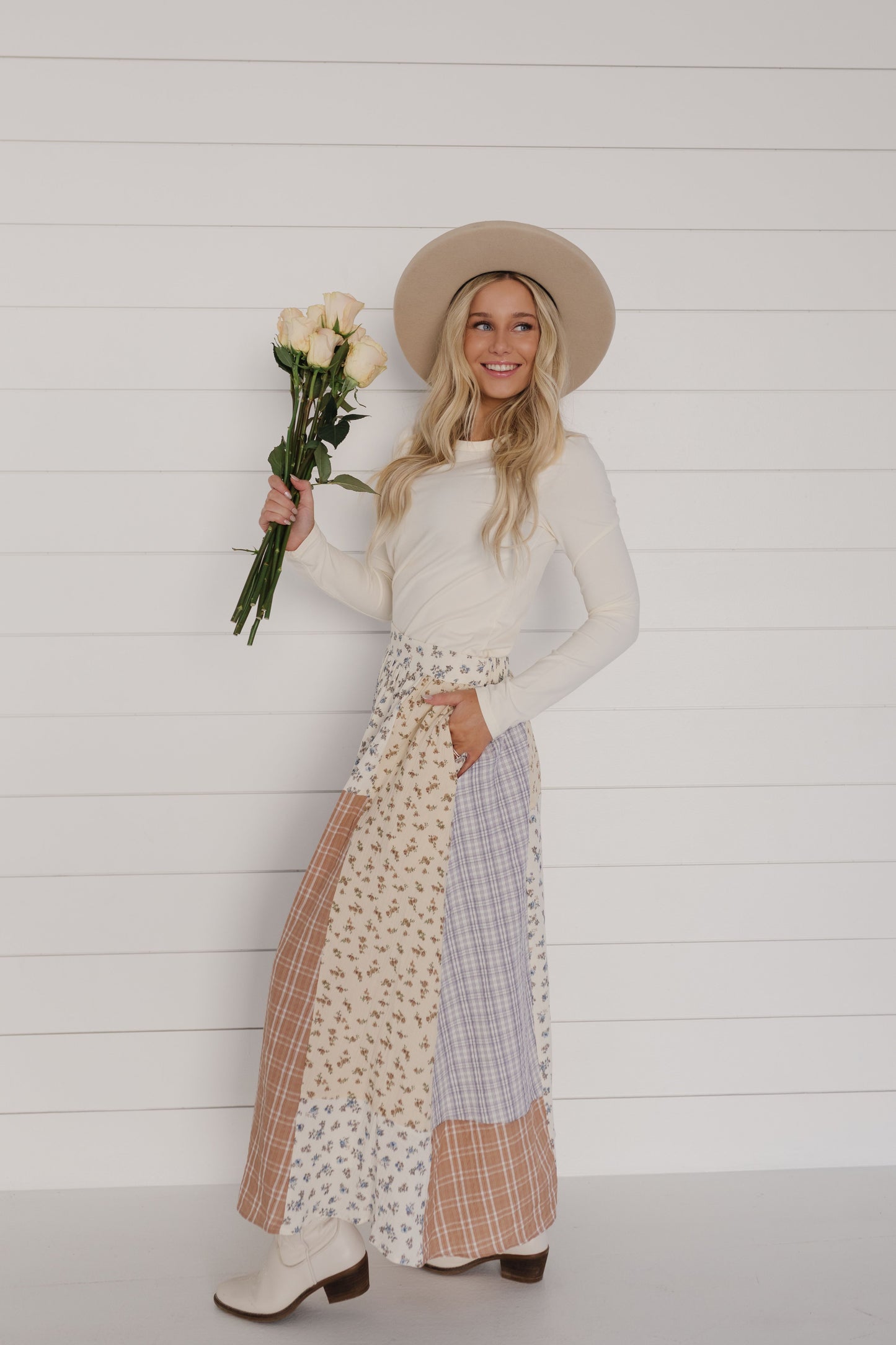 THE HARLYN PATTERN MAXI SKIRT IN IVORY