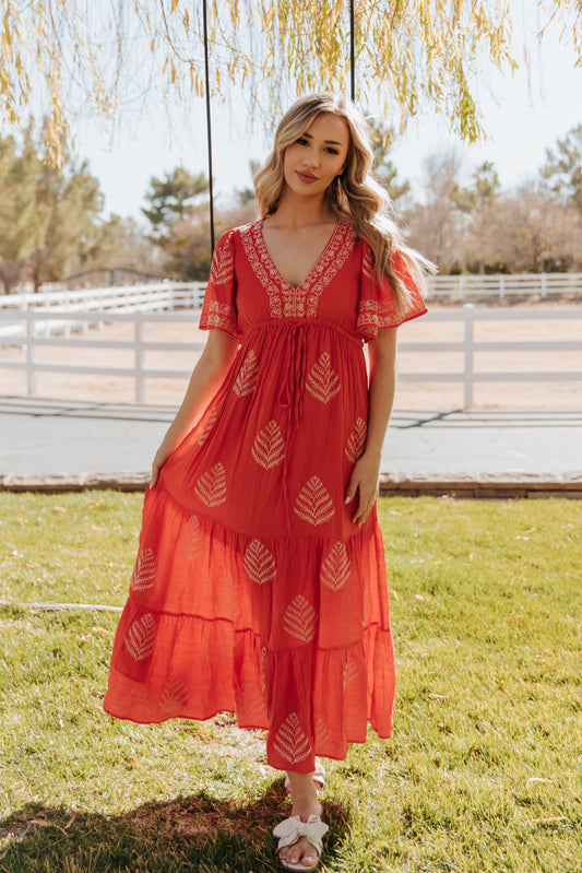 THE RAYLEIGH EMBROIDERED MAXI DRESS IN RED