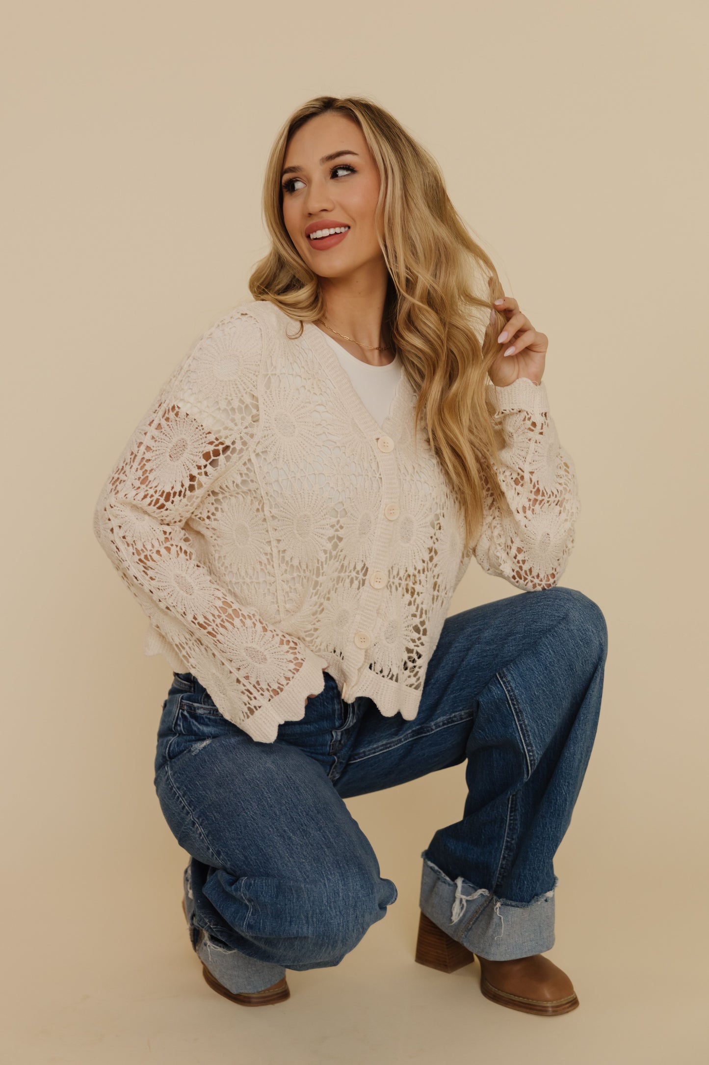 THE SHANE SCALLOPED LONG SLEEVE TOP IN CREAM