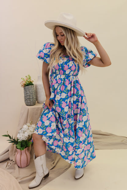 THE SCARLETT FLORAL MIDI DRESS IN PINK AND BLUE