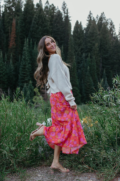 THE JOSELYN FLORAL MAXI SKIRT IN RED