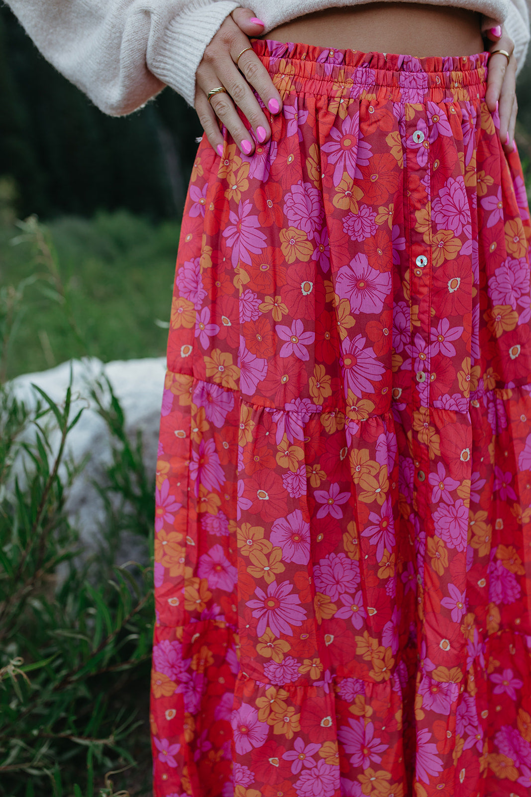 THE JOSELYN FLORAL MAXI SKIRT IN RED