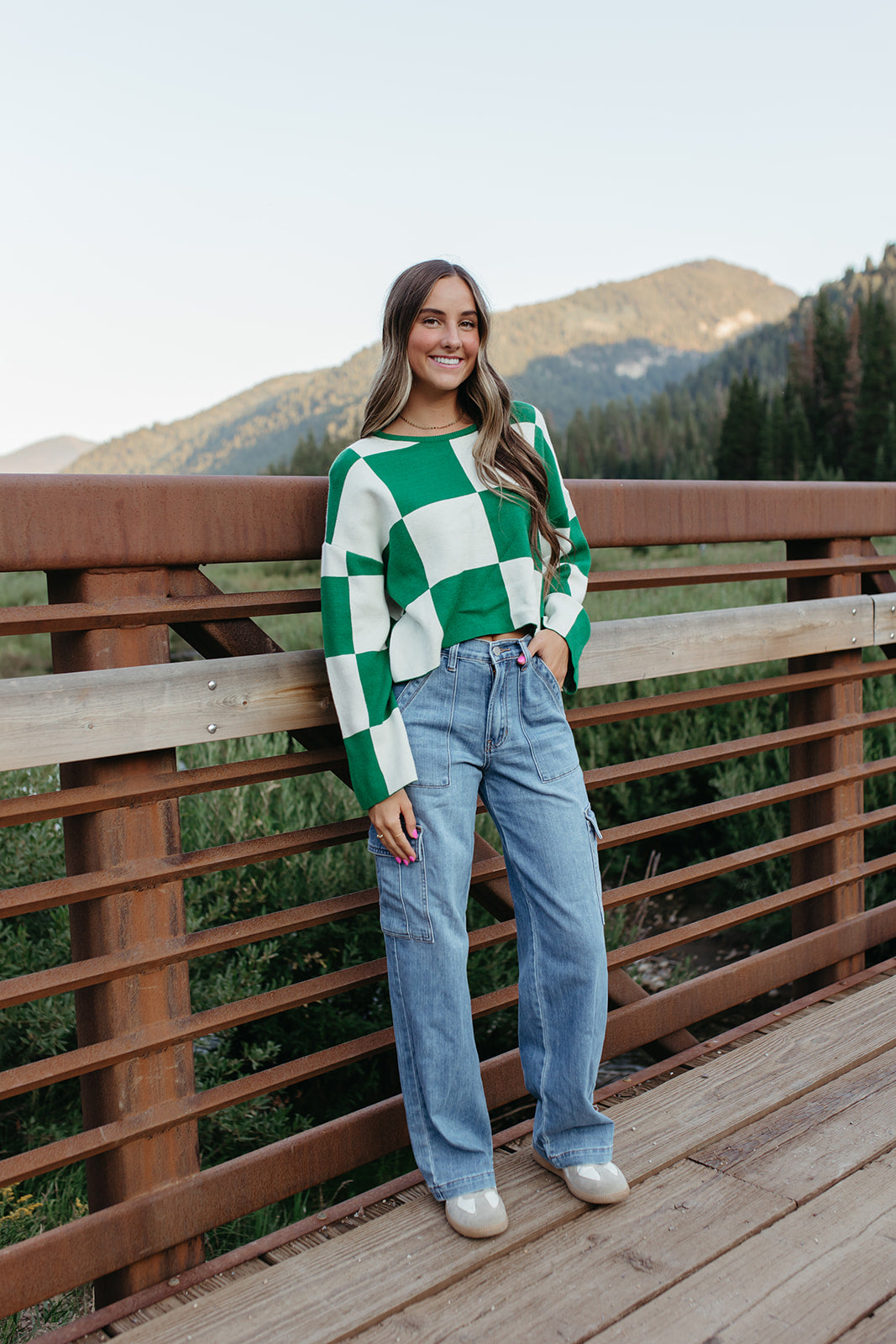 THE KYAH LONG SLEEVE CHECKERED TOP IN GREEN