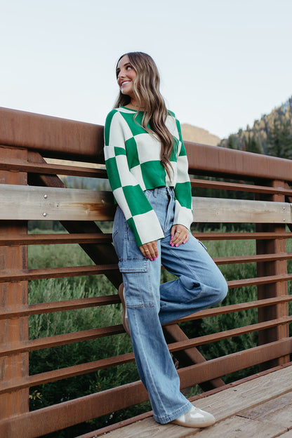 THE KYAH LONG SLEEVE CHECKERED TOP IN GREEN