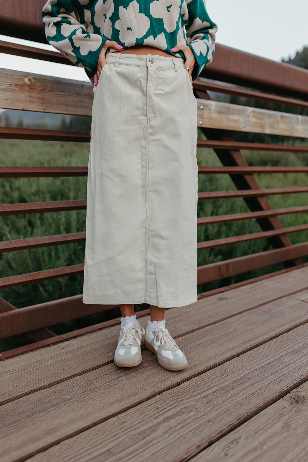 THE CODIE CORDUROY MIDI SKIRT IN CREAM