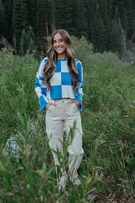 THE KYAH LONG SLEEVE CHECKERED TOP IN BLUE