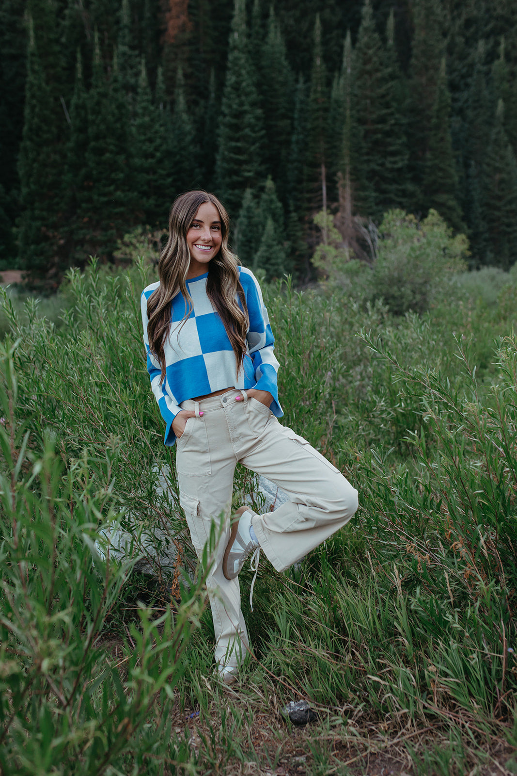 THE KYAH LONG SLEEVE CHECKERED TOP IN BLUE