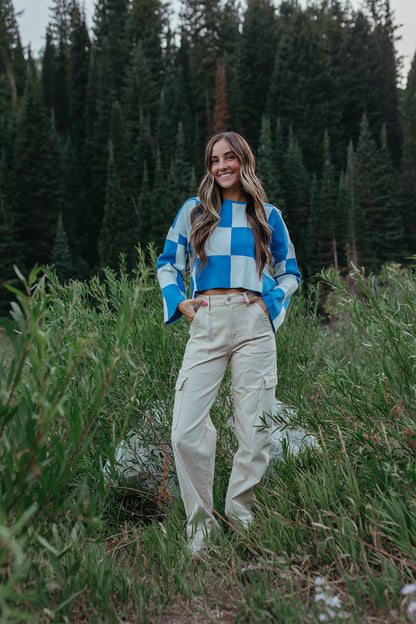 THE KYAH LONG SLEEVE CHECKERED TOP IN BLUE