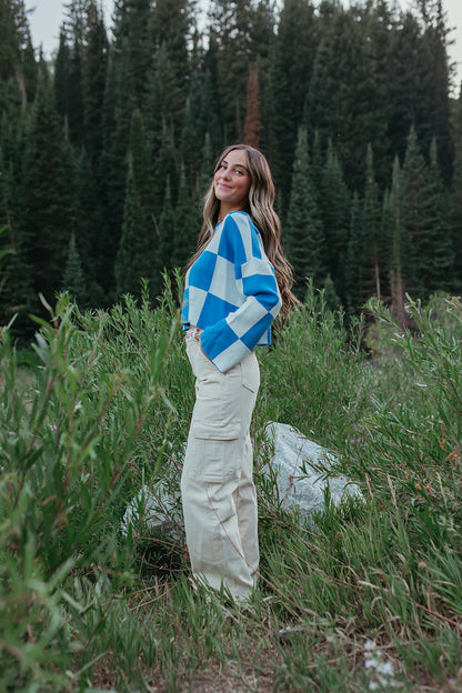 THE KYAH LONG SLEEVE CHECKERED TOP IN BLUE