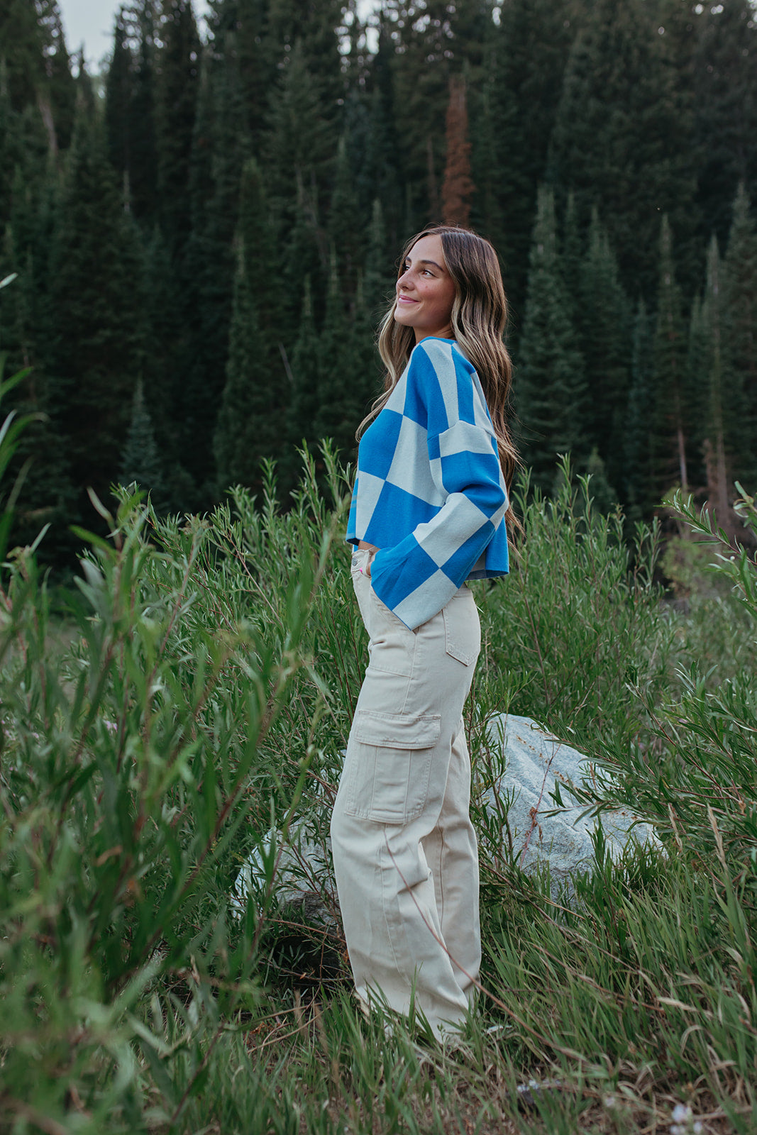 THE KYAH LONG SLEEVE CHECKERED TOP IN BLUE