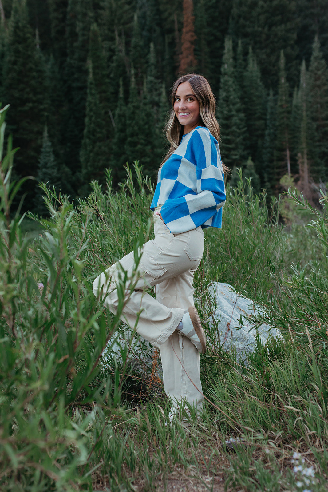 THE KYAH LONG SLEEVE CHECKERED TOP IN BLUE