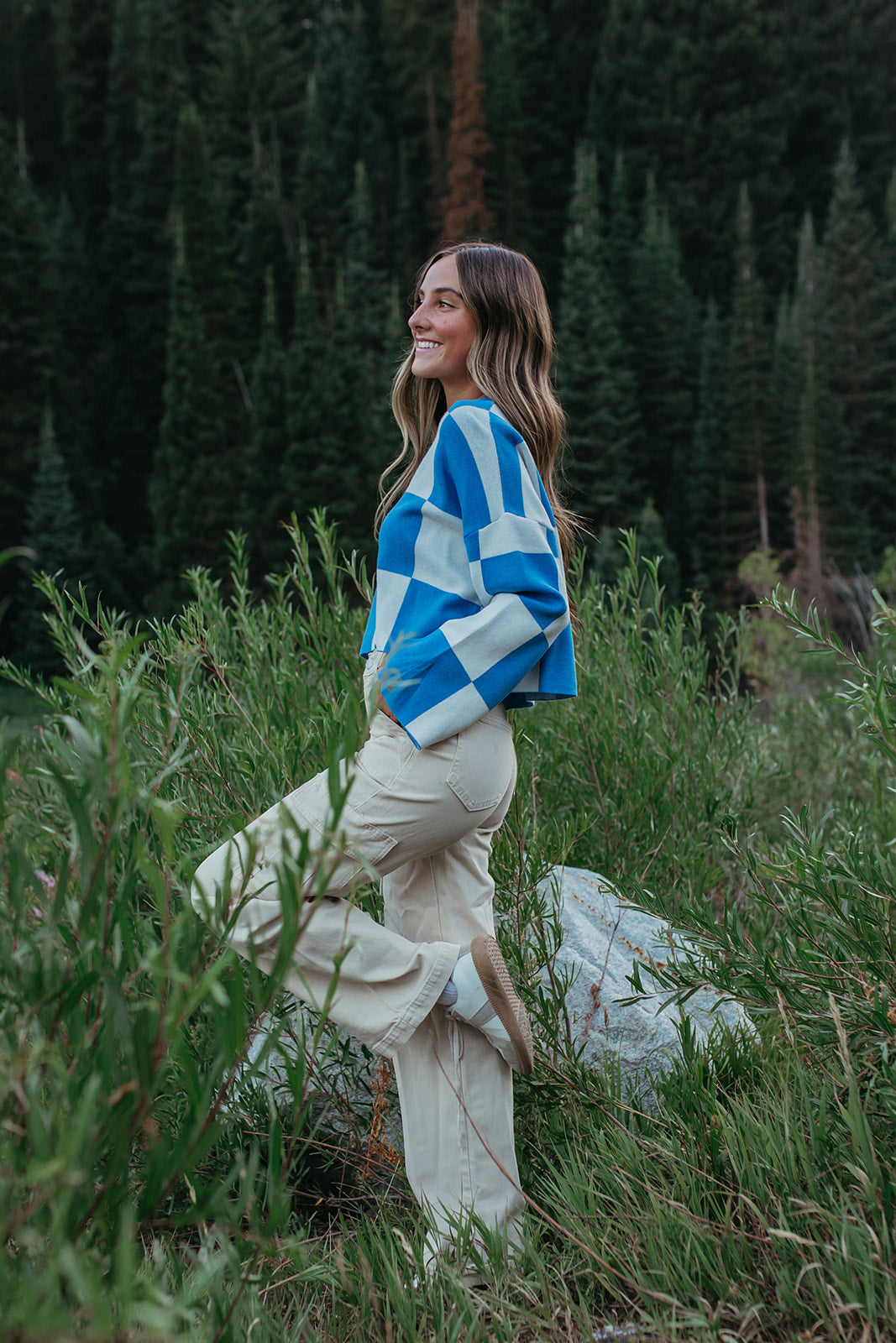 THE KYAH LONG SLEEVE CHECKERED TOP IN BLUE