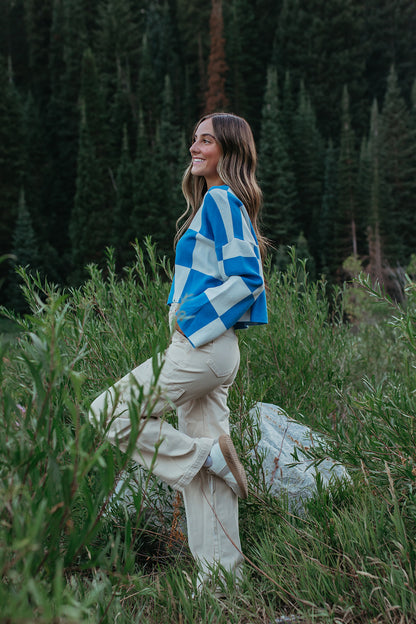 THE KYAH LONG SLEEVE CHECKERED TOP IN BLUE