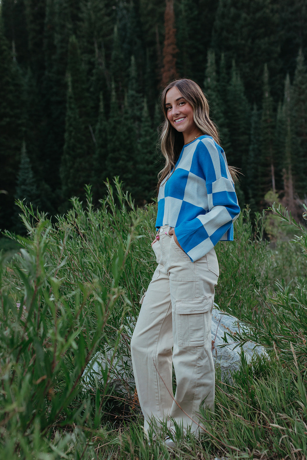 THE KYAH LONG SLEEVE CHECKERED TOP IN BLUE