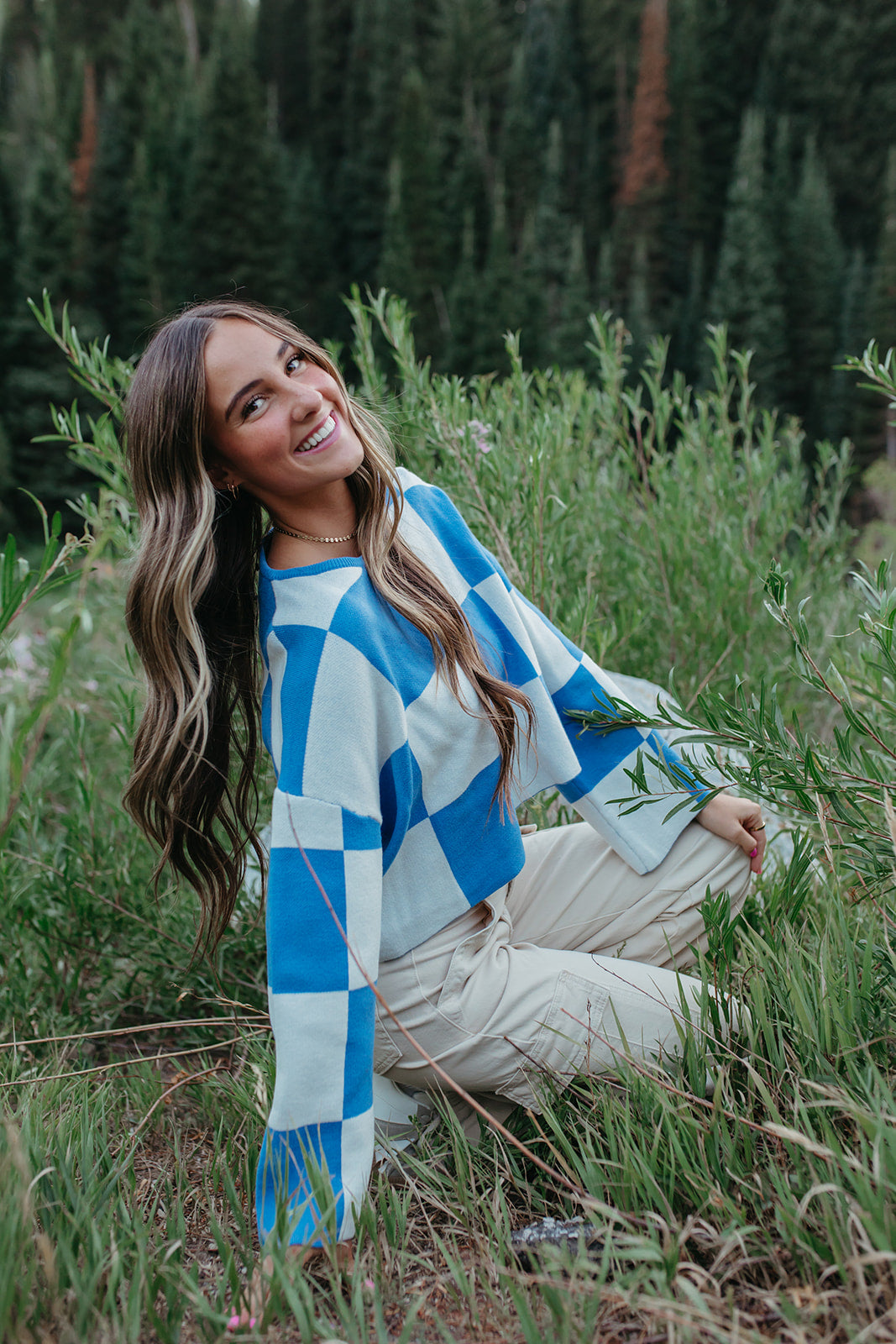 THE KYAH LONG SLEEVE CHECKERED TOP IN BLUE