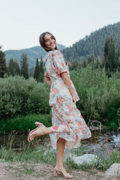 THE VICTORIA TIERED FLORAL DRESS IN RED TRIM