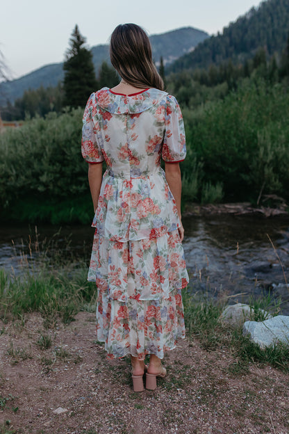 THE VICTORIA TIERED FLORAL DRESS IN RED TRIM