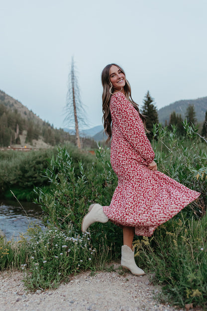 THE MARYN FLORAL DRESS IN BURGUNDY