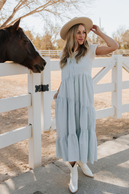 THE ALORA ASYMMETRICAL MIDI DRESS IN BLUE PLAID