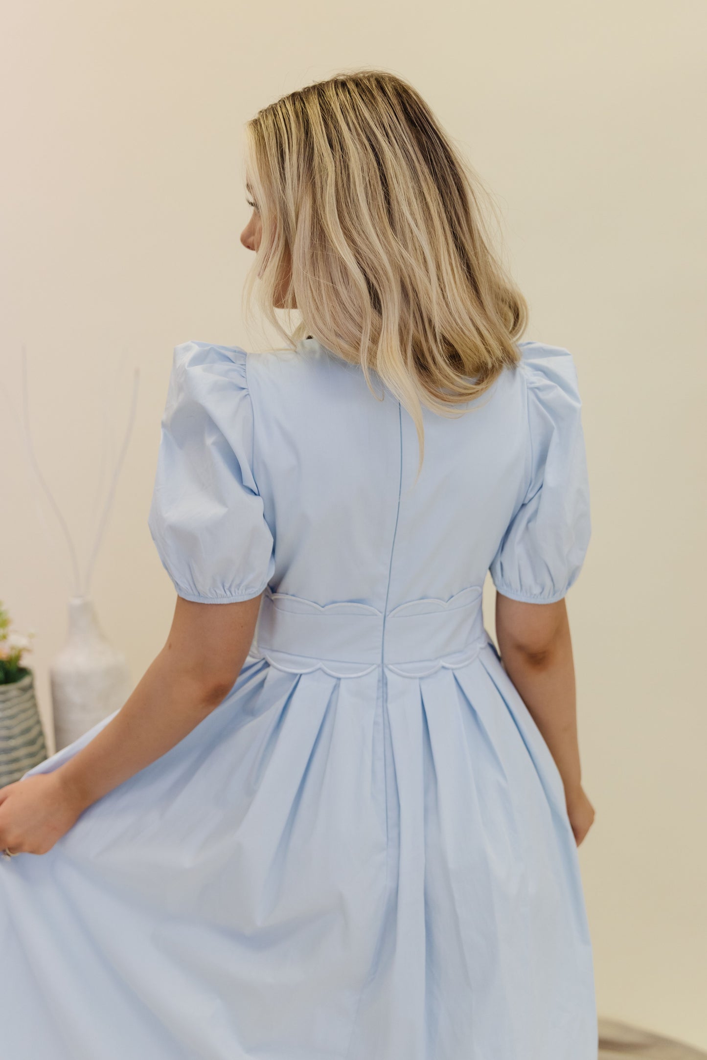 THE ELLA SCALLOPED MIDI DRESS IN BABY BLUE