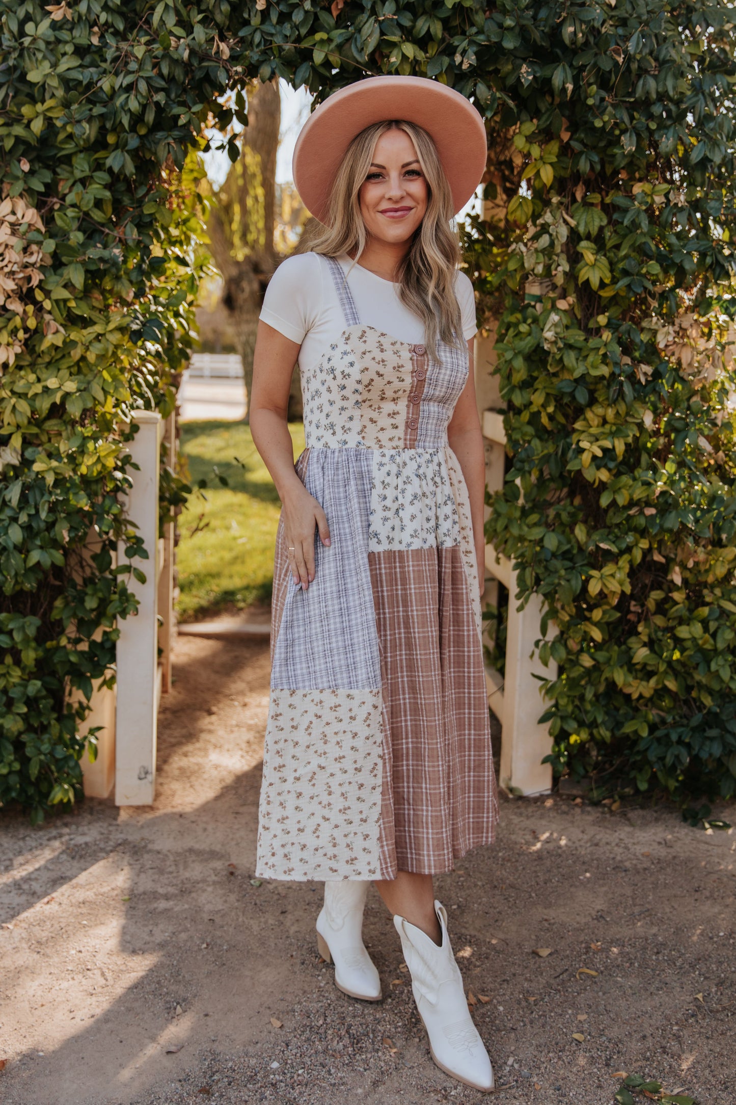 THE PAXTON PATCHWORK MIDI DRESS IN IVORY