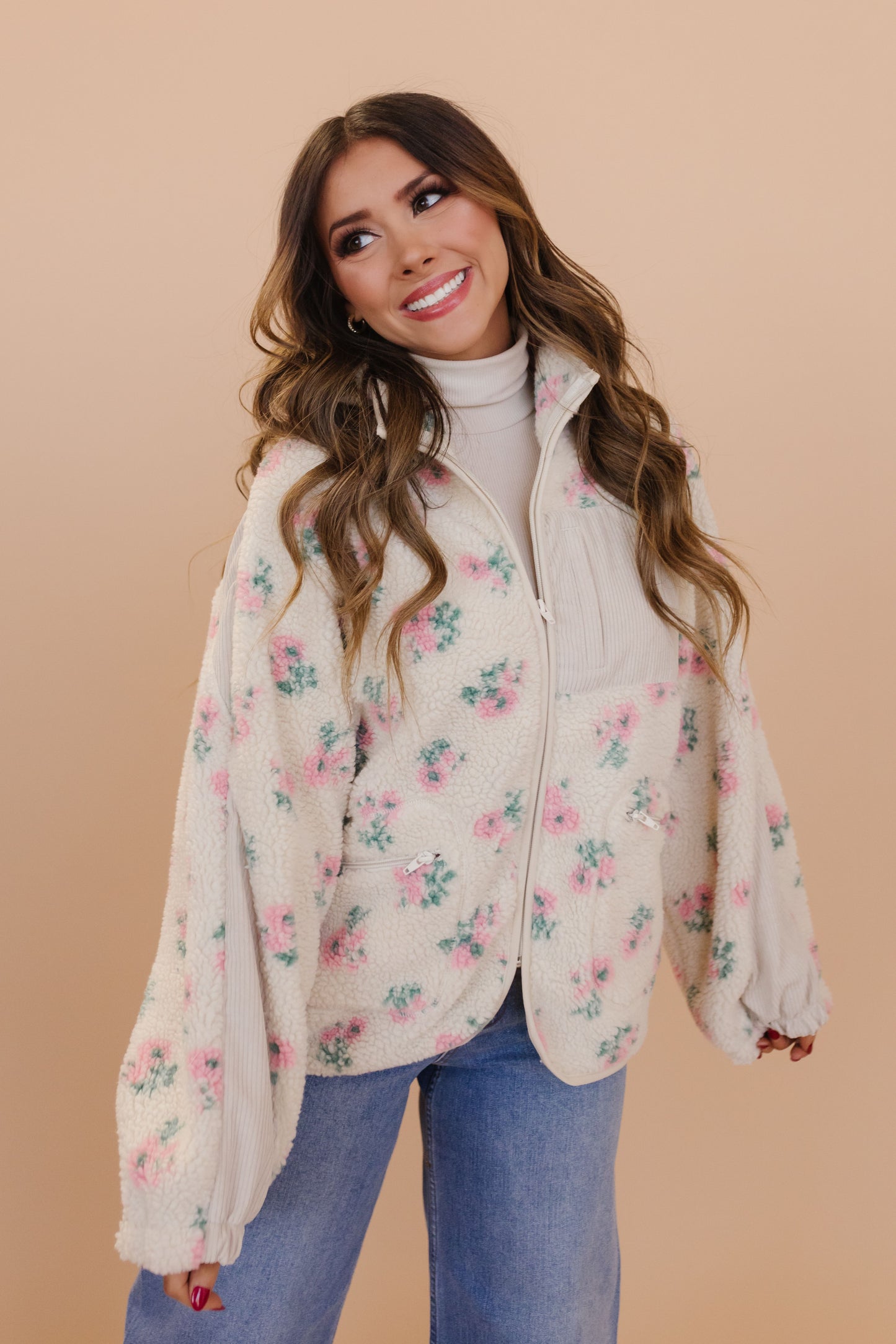 THE ODETTE OVERSIZED PRINTED FLEECE JACKET IN PINK FLORAL