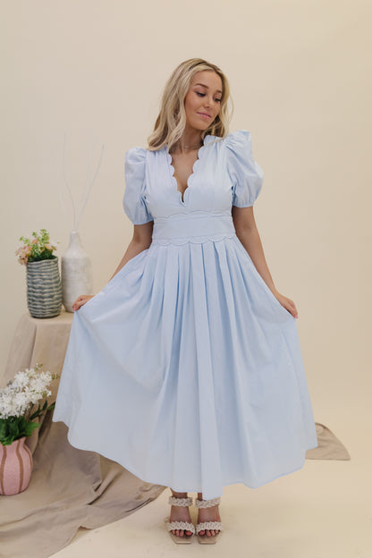 THE ELLA SCALLOPED MIDI DRESS IN BABY BLUE