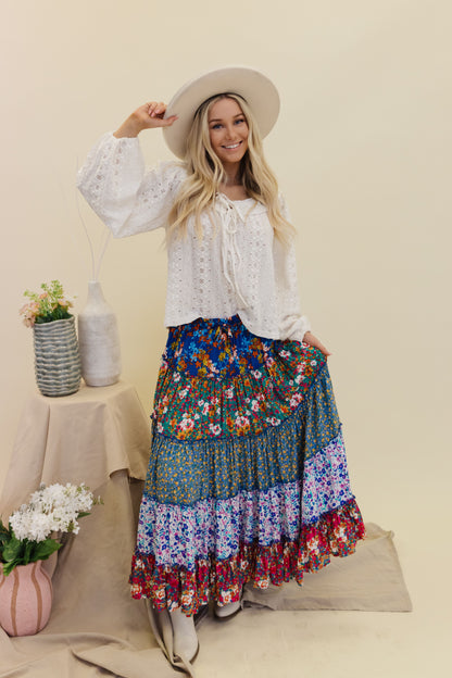 THE BRYDEN BOHO MAXI SKIRT IN BLUE