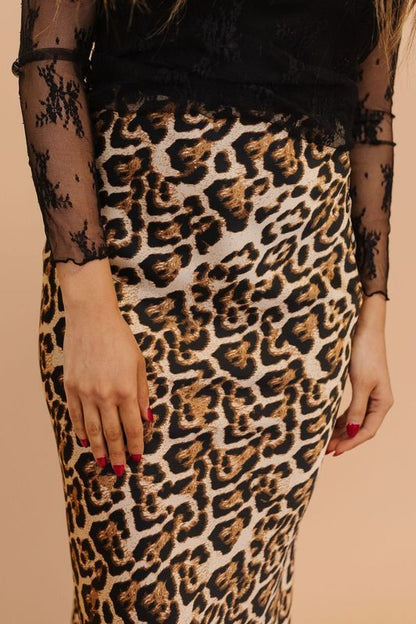 LIVIA LEOPARD SATIN MIDI SLIP SKIRT IN BROWN