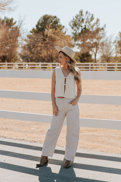 THE TORI BARREL PIN STRIPE PANTS IN IN TAUPE