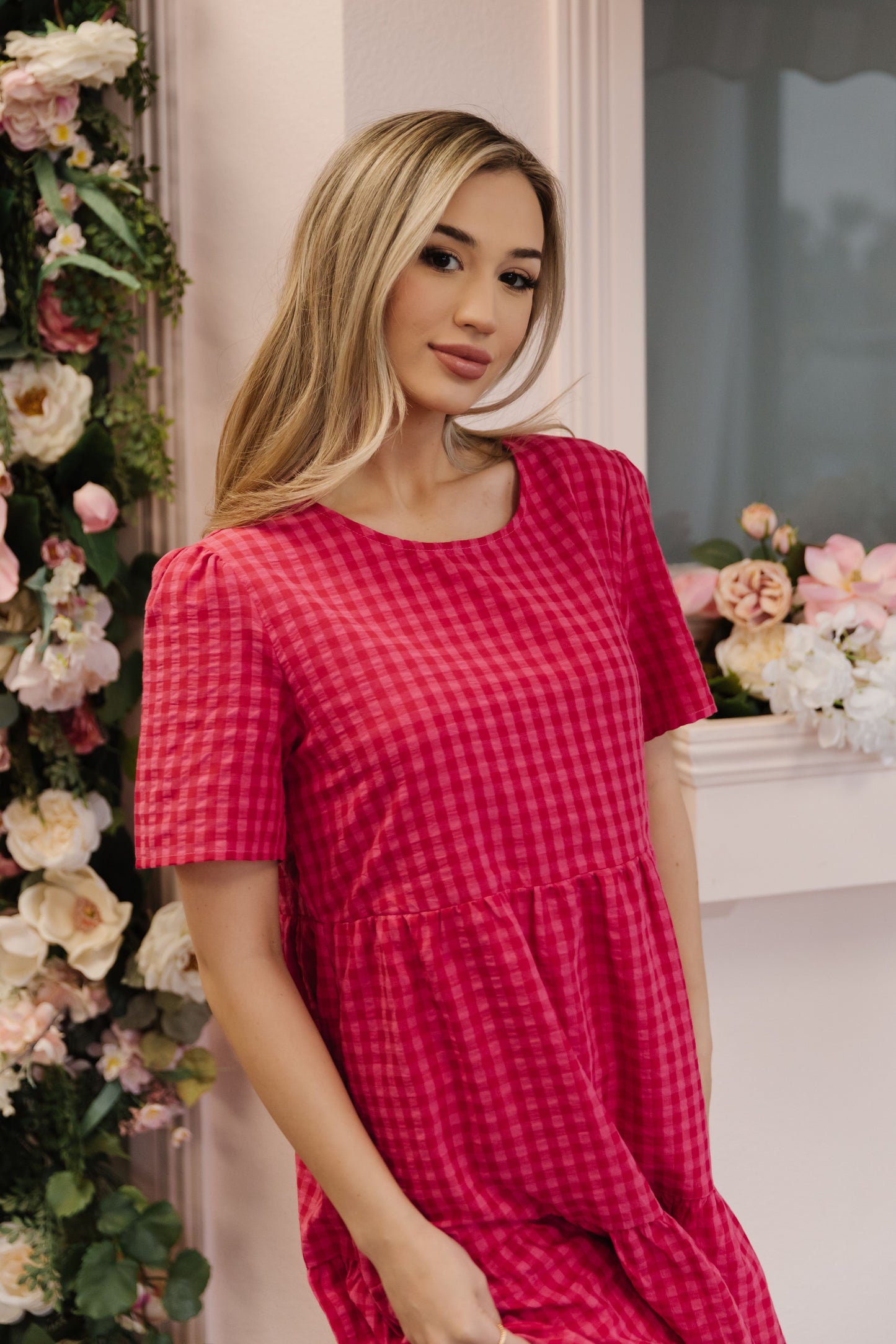 THE GILLIAN GINGHAM TIERED DRESS IN HOT PINK