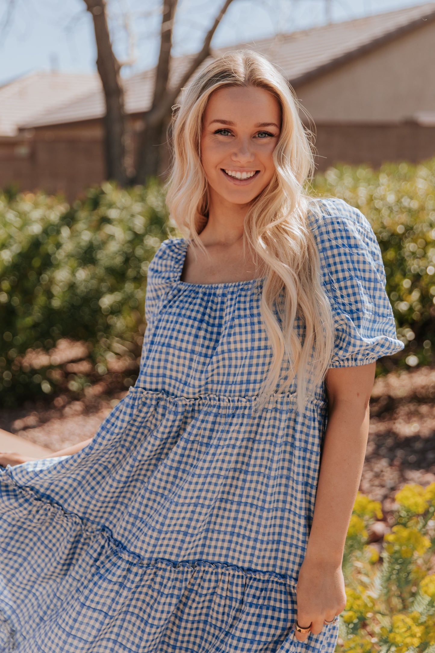 THE MONAE CHECKER PRINT MAXI DRESS IN BLUE