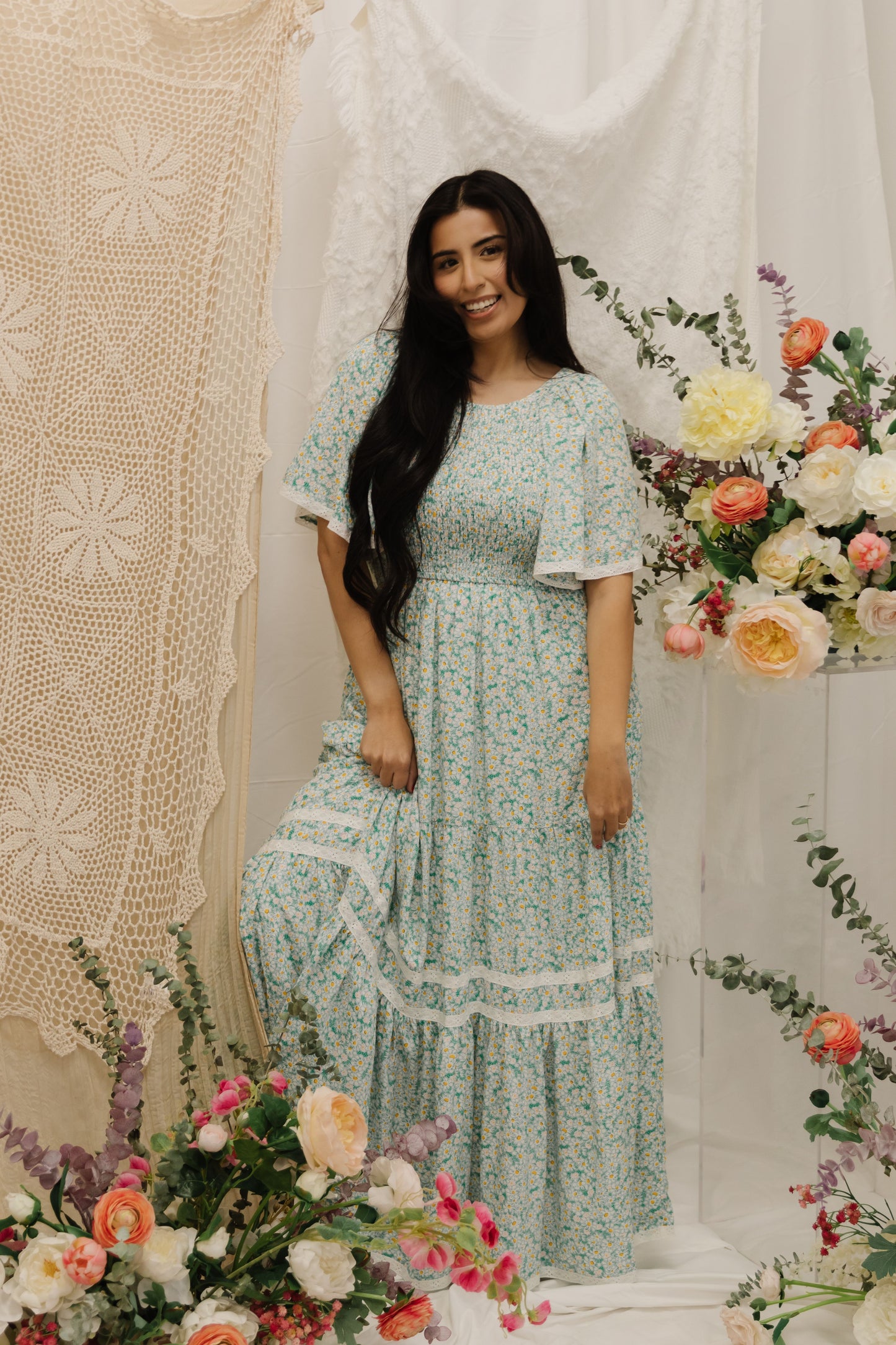 THE DANA SMOCKED MAXI DRESS IN GREEN