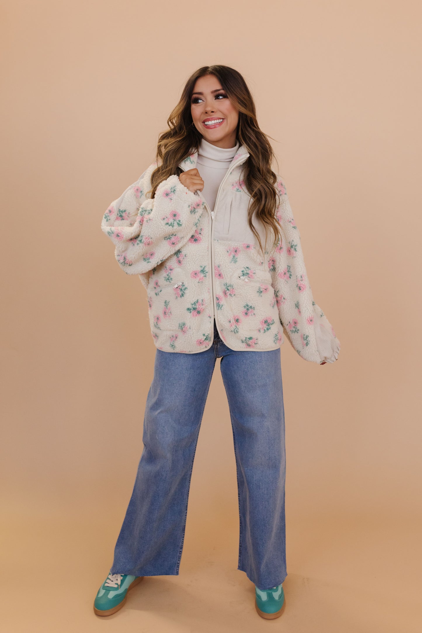 THE ODETTE OVERSIZED PRINTED FLEECE JACKET IN PINK FLORAL