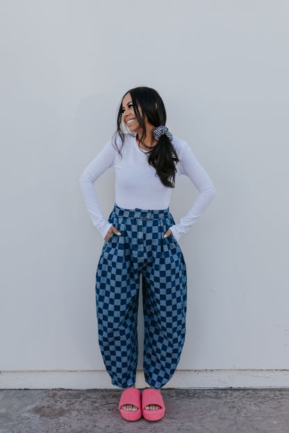 THE POPPY PLEATED CHECKERED BARREL PANTS IN LIGHT DENIM