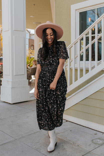 THE MEADOW PLEATED FLORAL MIDI DRESS IN BLACK