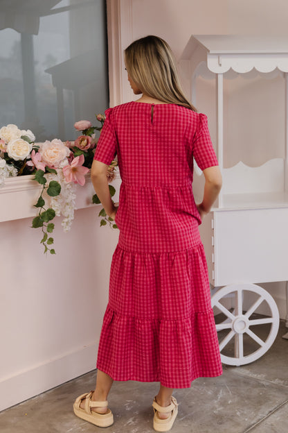 THE GILLIAN GINGHAM TIERED DRESS IN HOT PINK