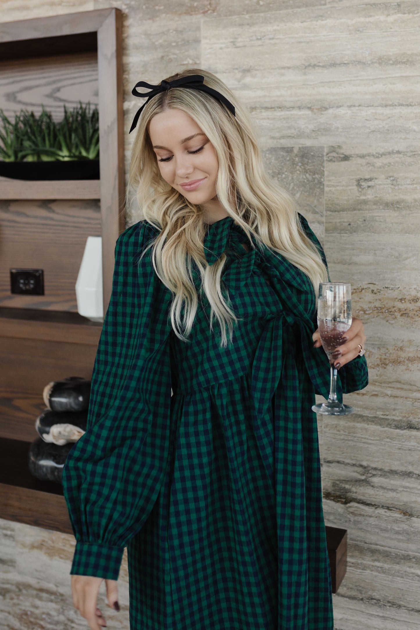 THE CELESTE CHECKERBOARD MINI DRESS IN GREEN