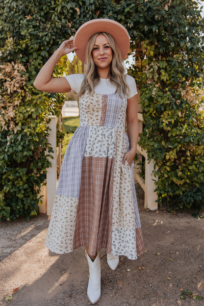 THE PAXTON PATCHWORK MIDI DRESS IN IVORY