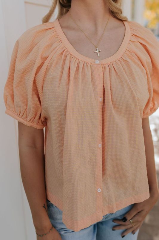 THE MINNIE CHECKERED BUTTON UP BLOUSE IN CORAL