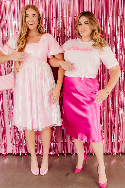 THE SATIN MIDI SKIRT IN BARBIE PINK PLUS SIZE